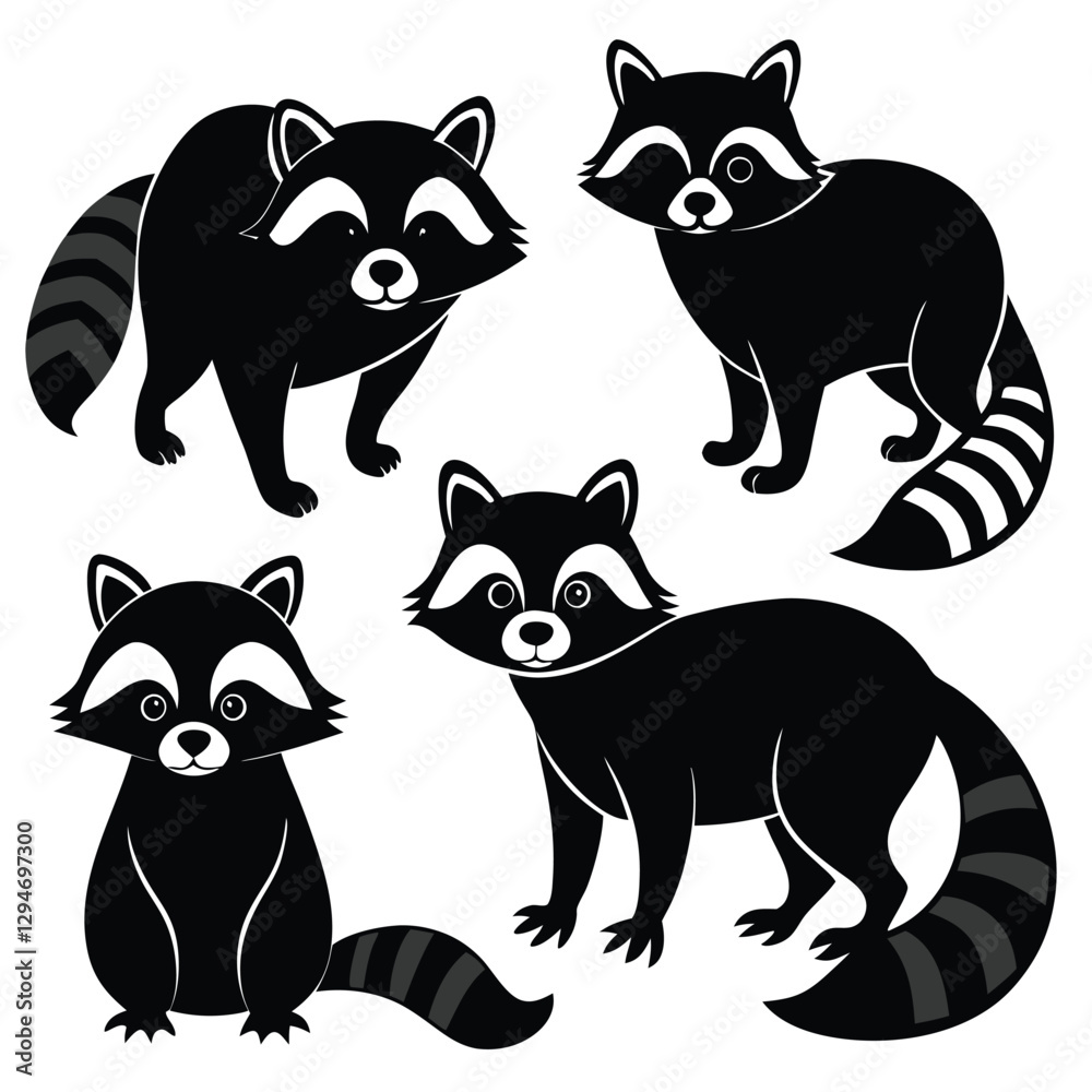 Fototapeta premium Playful Raccoons in Black and White Silhouette Clipart Vector Collection set 