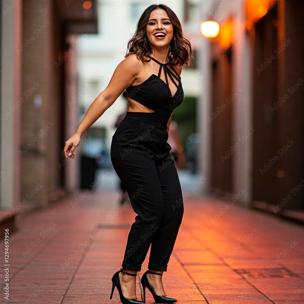 Fototapeta premium Cheerful latin female model in black stylish wear