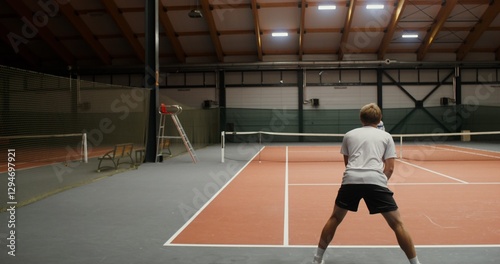 A young man of European appearance is intently waiting for the first ball of his opponent who starts the tennis set and the game begins. Filming from behind a man