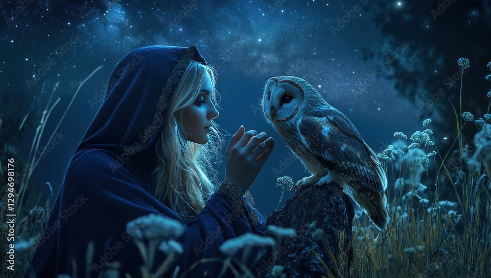 Obraz premium Blonde woman in a hooded cloak interacts with a barn owl under a starry night sky.