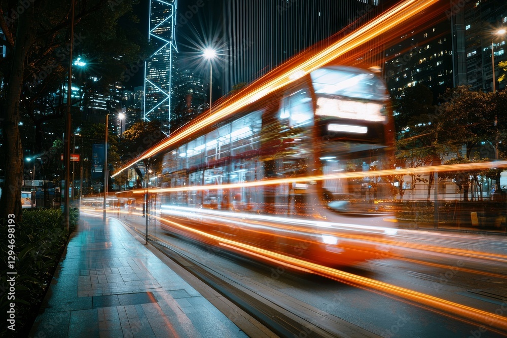 Obraz premium Abstract urban landscape at night with a smart city and digital transformation theme, incorporating double exposure and stock elements