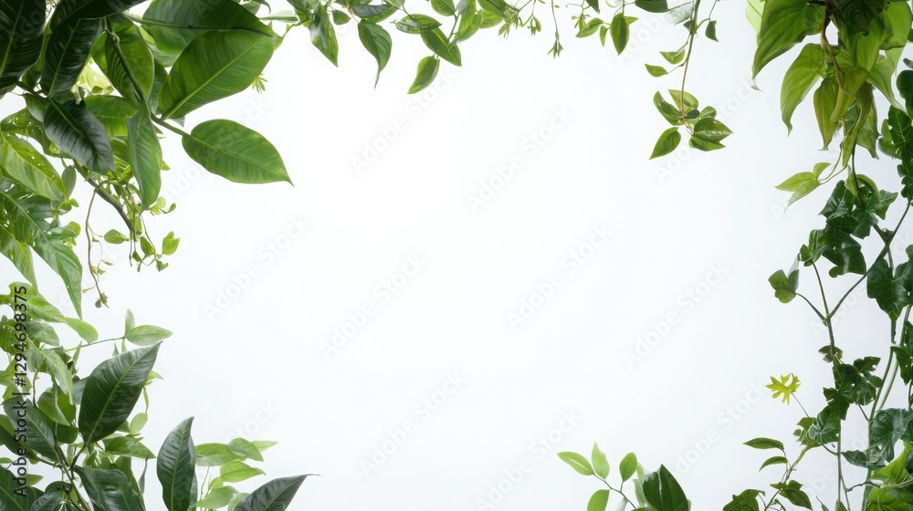 A fresh and vibrant display of various leafy plants framing a blank white space. The foliage conveys a sense of tranquility and connection to nature.