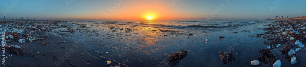 Obraz premium Sunset on a beach with ocean pollution and trash scattered along the shore. Generative AI