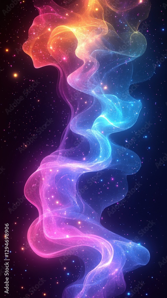 Abstract Colorful Waves in Cosmic Space with Glowing Stars and Nebulae