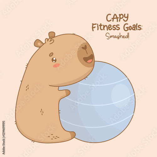 Cute happy Capybara sportsman engaged in stretching with fitness ball. Athlete kawaii animal with motivational quote. Vector illustration