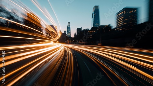 The concept of smart city digital transformation development is represented by band lights illuminating a modern urban cityscape at night, highlighting new fast internet communication through 5G