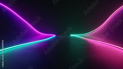 Abstract trendy background with neon lights in a minimal design. Gradient with lines and a shiny 3d effect. Light green with pink and purple.