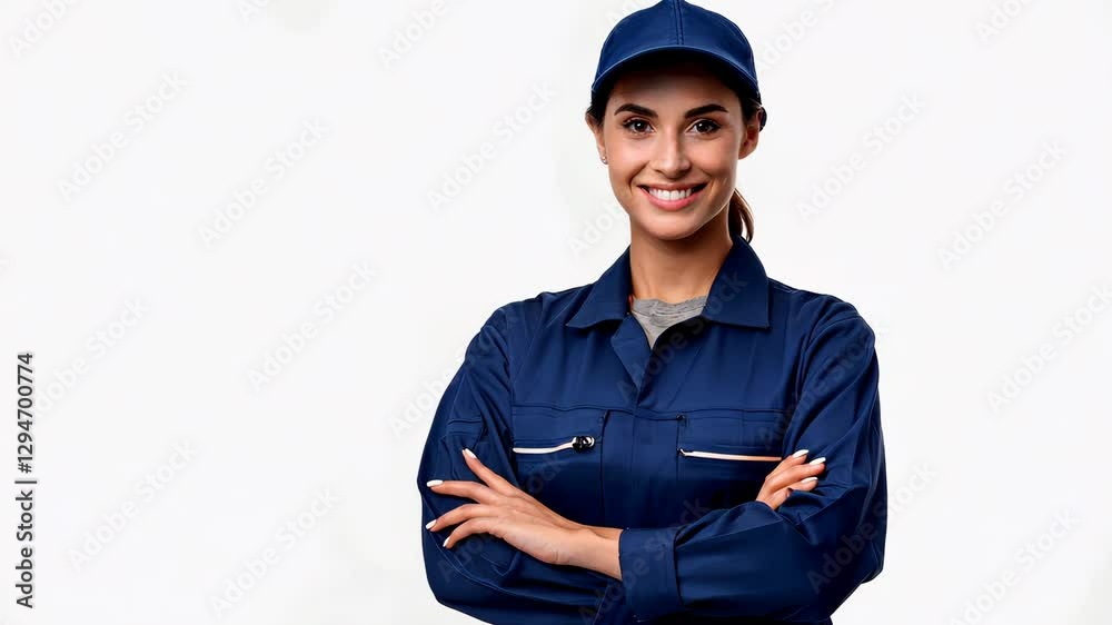 A confident female mechanic in specialized work attire stands with her arms crossed on her chest against a white background, showcasing her strength and expertise in the automotive field. A confident female mechanic in specialized work attire stands with her arms crossed on her chest against a white background, showcasing her strength and expertise in the automotive field.