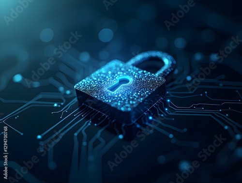 Glowing Digital Padlock with Circuit Patterns – Cybersecurity and Technology Concept