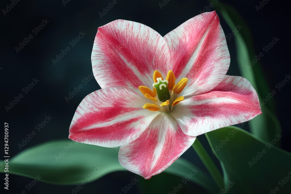 Beautiful close-up of a pink and white striped tulip blooming gracefully in a dark setting Beautiful close-up of a pink and white striped tulip blooming gracefully in a dark setting
