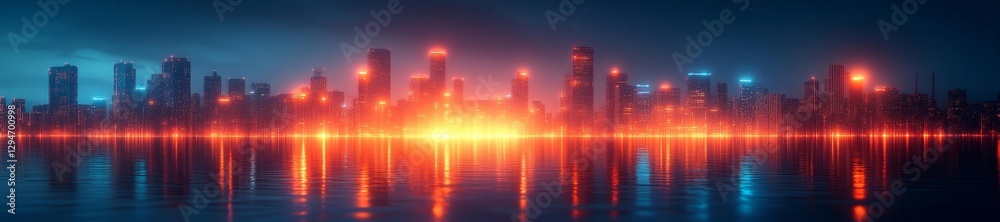Fototapeta premium Futuristic Cityscape with Reflection in Water and Glowing Lights. Generative AI