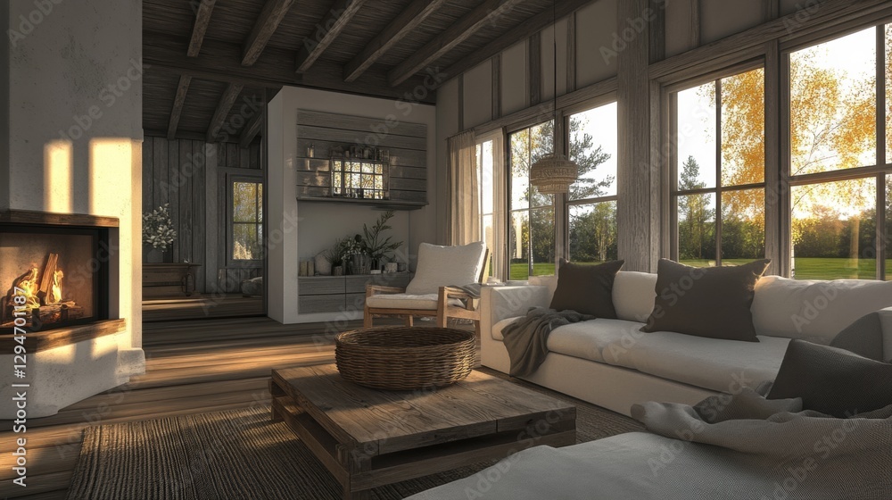 Fototapeta premium A cozy living room with a fireplace, wooden coffee table, and large windows overlooking a lush green lawn.