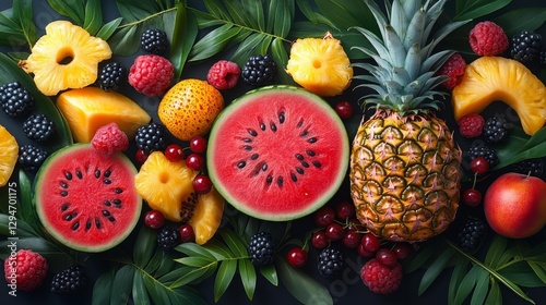 Vibrant Tropical Fruit Spread with Watermelon Pineapple and Raspberries. Generative AI photo