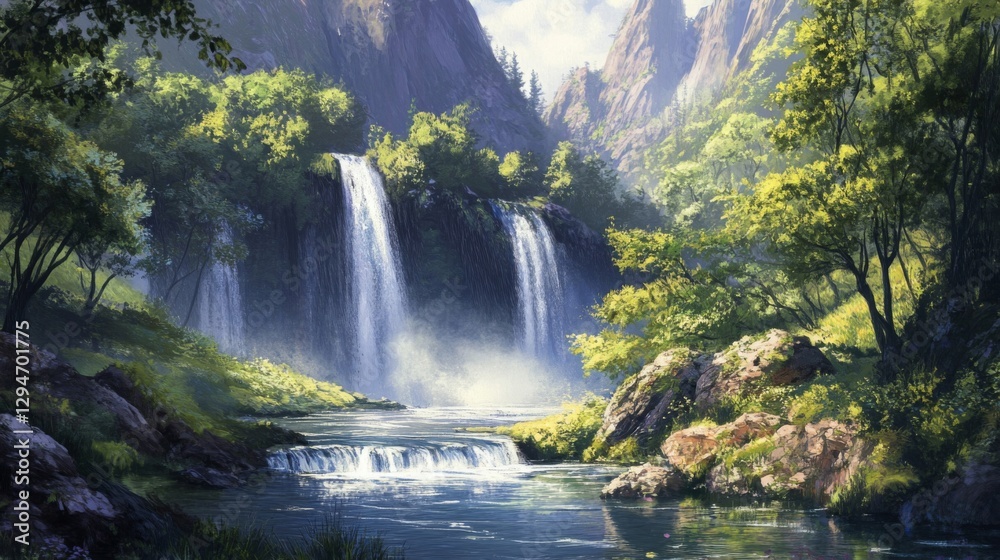Fototapeta premium Serene Waterfall in Lush Green Forest Valley