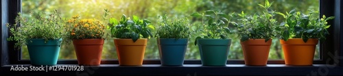 Vibrant Herb Collection in Colorful Pots on a Window Ledge with Soft Greenery in the Background. Generative AI photo