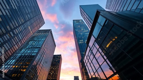 Cityscape sunset, skyscrapers, urban, twilight, business,  financial district, ambition, growth