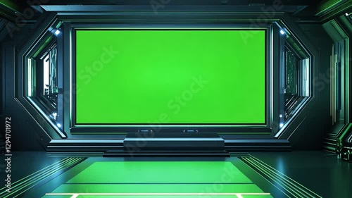 Futuristic spaceship interior with green screen background for VFX and design
