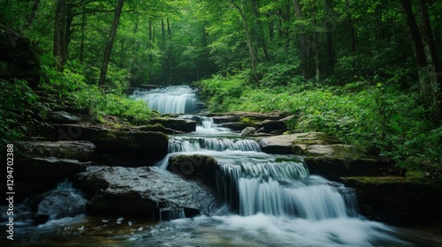Serene Waterfall in Lush Green Forest
