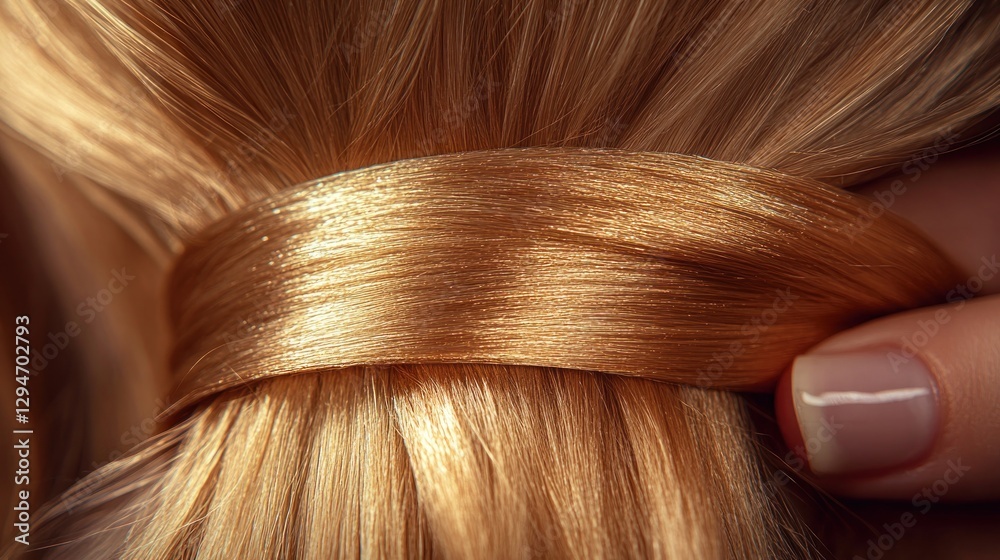 Fototapeta premium Close-up blonde hair, tied with satin ribbon, salon setting