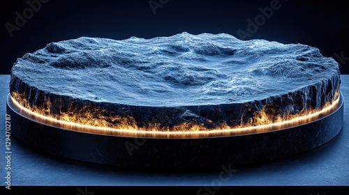 Circular rock pedestal, glowing edge, dark backdrop, product display photo