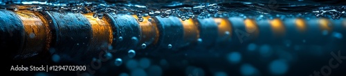 Underwater pipeline with visible bubbles and escaping gas through cracks surrounded by water pressure. Generative AI photo