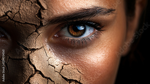 Cracked Earth & Human Connection: A striking portrait showing a woman's eye paired with a cracked earth effect and a focus on survival