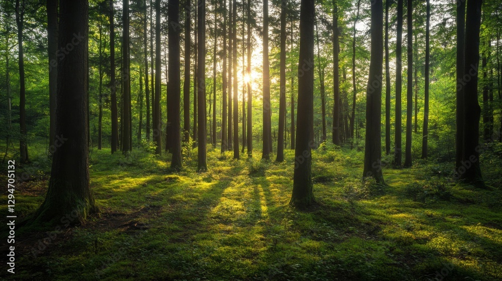 Sunlit Forest Path: Lush Green Trees and Golden Sunlight Sunlit Forest Path: Lush Green Trees and Golden Sunlight