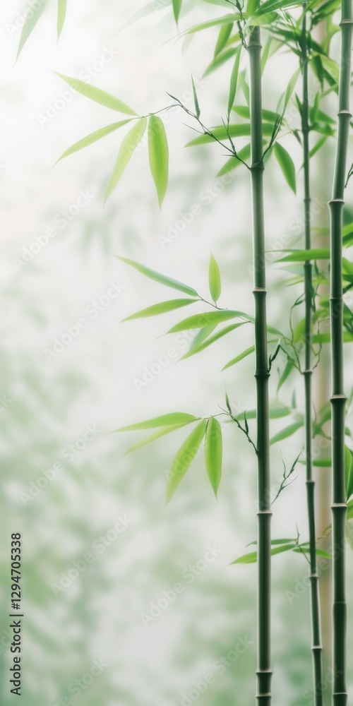 Naklejka premium Off-white background with bamboo leaves in hazy tone. Light bamboo background under light haze.