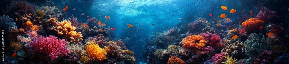 Fototapeta premium Vibrant Coral Reef with Tropical Fish and Cables Running Through It. Generative AI