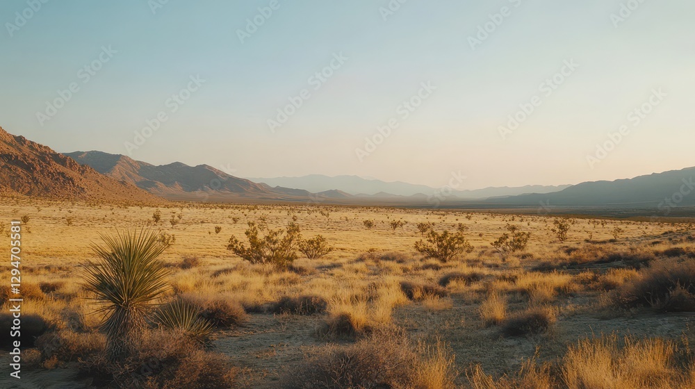 Scenic view of a serene desert landscape with golden grass and distant mountains at sunset. Scenic view of a serene desert landscape with golden grass and distant mountains at sunset.