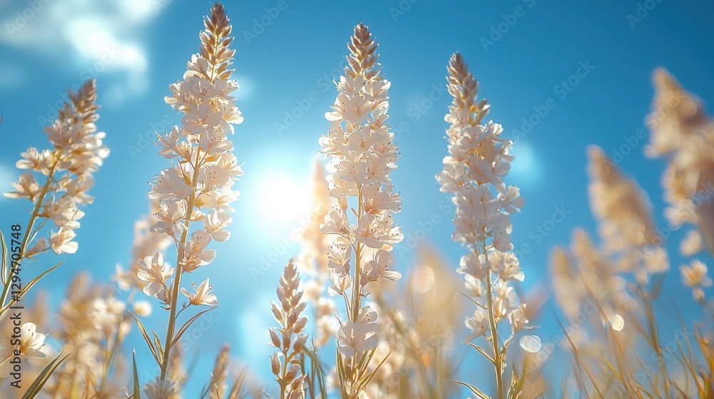 A field of tall white flowers basking under a bright blue sky, creating a serene and tranquil atmosphere. Sunlight enhances their delicate beauty. A field of tall white flowers basking under a bright blue sky, creating a serene and tranquil atmosphere. Sunlight enhances their delicate beauty.