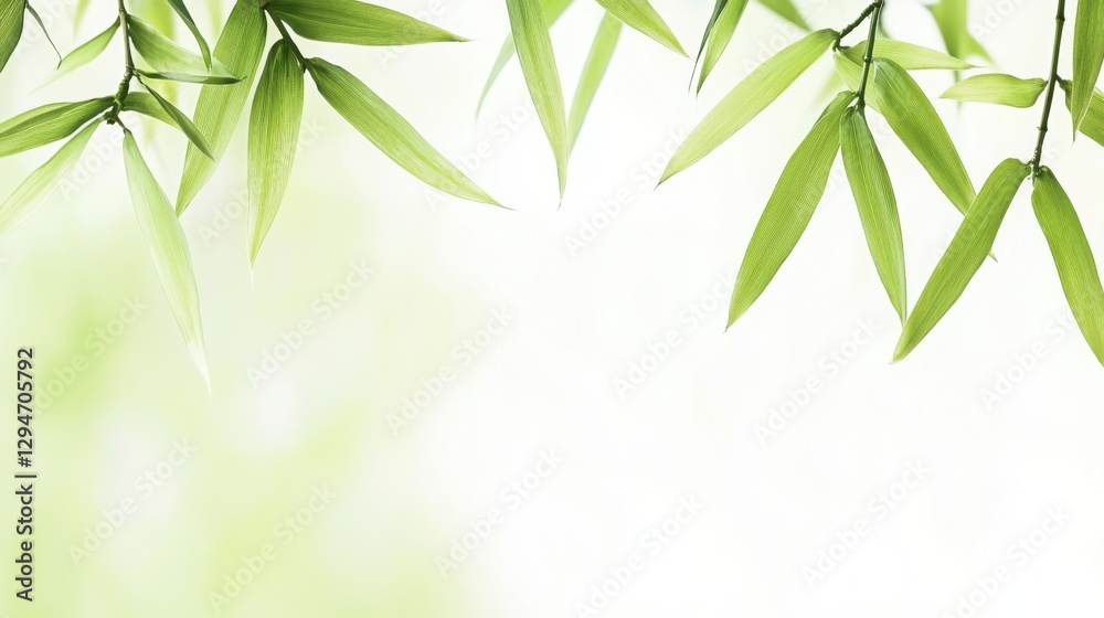 Fototapeta premium This image showcases a serene arrangement of green bamboo leaves against a soft, blurred background, evoking a sense of calmness and nature.