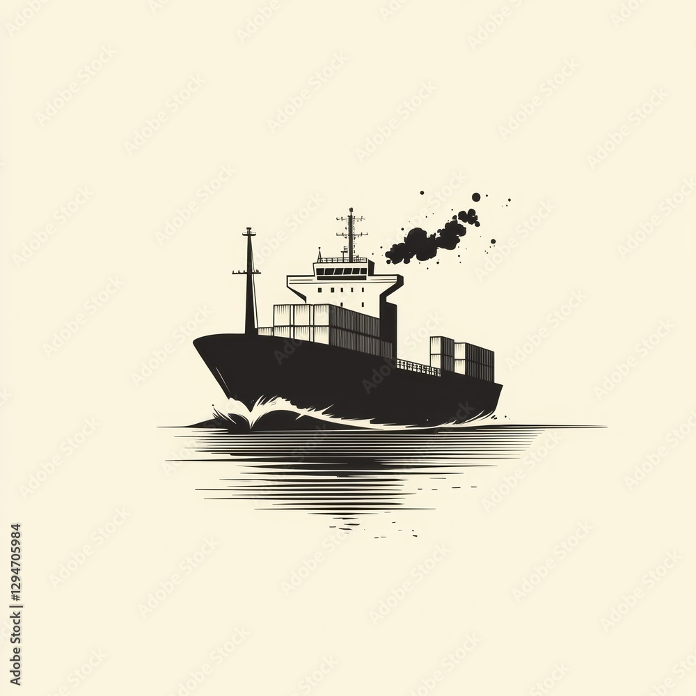 Obraz premium A large cargo ship navigates smoothly across tranquil waters, leaving a trail behind as it sails. The sun rises in the background, illuminating the scene in a peaceful morning ambiance