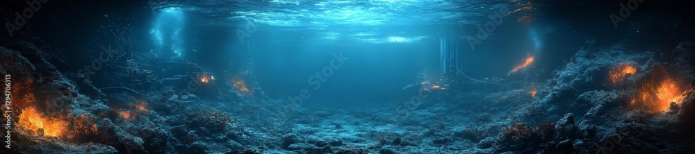 Fototapeta premium Futuristic underwater city with glowing pipes and platforms. Generative AI