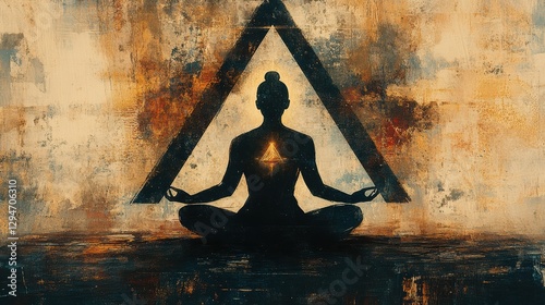 A serene silhouette of a person meditating sits in a calm posture within a textured background. The figure is framed by a large triangle and emits a warm glow from the heart area