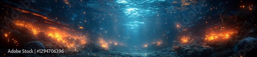 Abstract underwater scene with pipelines and glowing elements across the ocean floor. Generative AI photo