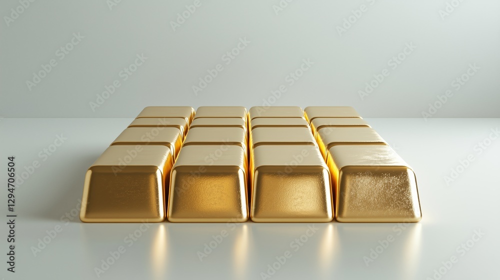 Shiny gold bars arranged in rows on a smooth white surface Shiny gold bars arranged in rows on a smooth white surface