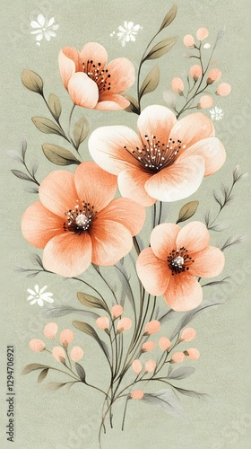 Elegant Peach Watercolor Flowers Bouquet Botanical Illustration