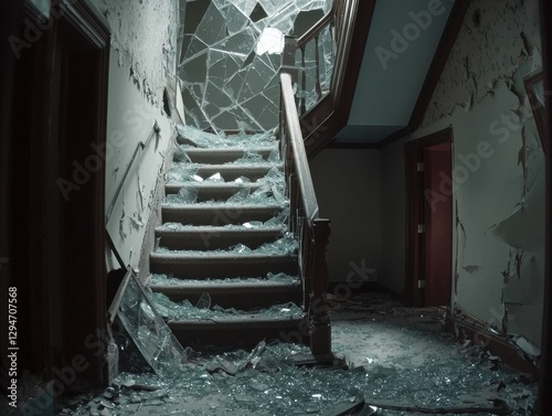 Abandoned staircase with broken glass and peeling paint in a dilapidated building photo