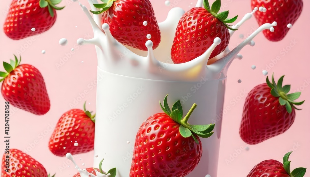 A Refreshing Splash, Strawberries Delightfully Colliding with Creamy Milk A Refreshing Splash, Strawberries Delightfully Colliding with Creamy Milk