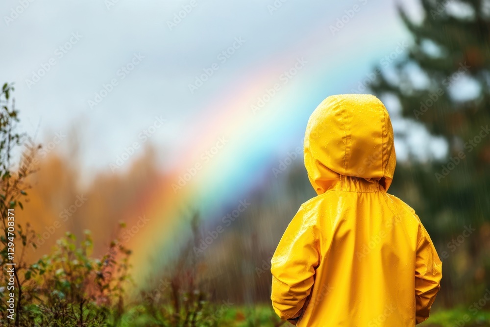Child in yellow raincoat admiring a vibrant rainbow after a rain shower in a forest Child in yellow raincoat admiring a vibrant rainbow after a rain shower in a forest