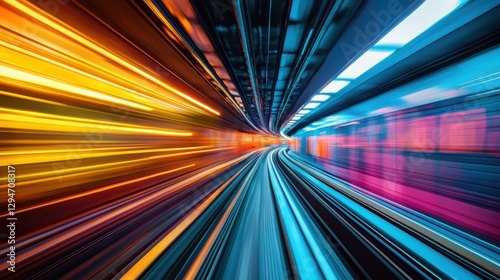 Dynamic streaks of vibrant color illuminate a high-speed transit tunnel, capturing the energy of modern transportation.
