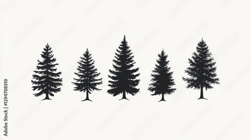 Obraz premium A striking silhouette of five evergreen trees, showcasing varying heights and shapes against a minimalist background.