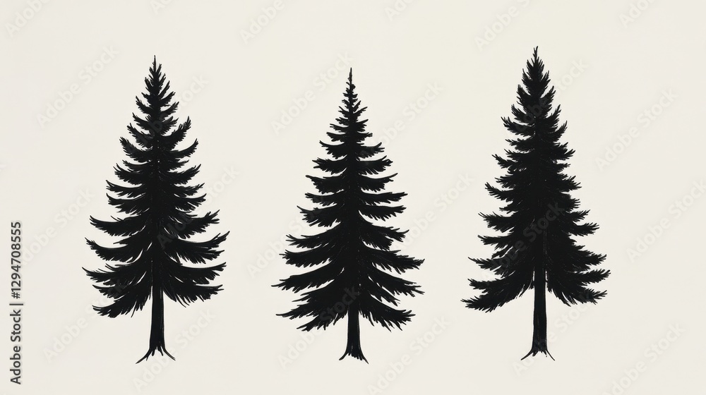 Obraz premium Three tall evergreen trees silhouetted against a light background, showcasing their distinct shapes and textures.