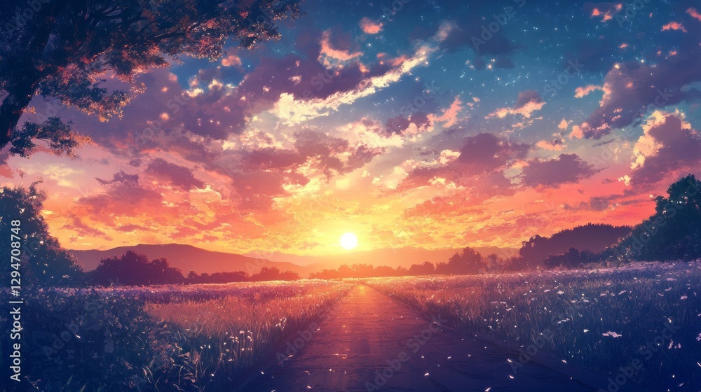 Naklejka premium A breathtaking sunset envelops the horizon, casting soft hues of orange and pink across the sky. A serene path meanders through a quiet meadow, inviting calm thoughts as the day fades