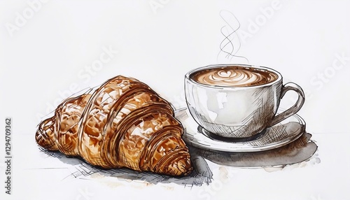 Illustration of cup with coffee and croissant, hand drawn, sketch on white background