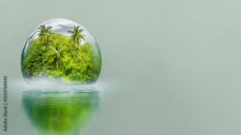 Lush tropical island with palm trees encapsulated in a floating bubble, symbolizing rising sea levels and environmental fragility Lush tropical island with palm trees encapsulated in a floating bubble, symbolizing rising sea levels and environmental fragility