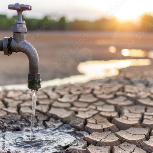Water flowing from a tap into cracked dry earth.