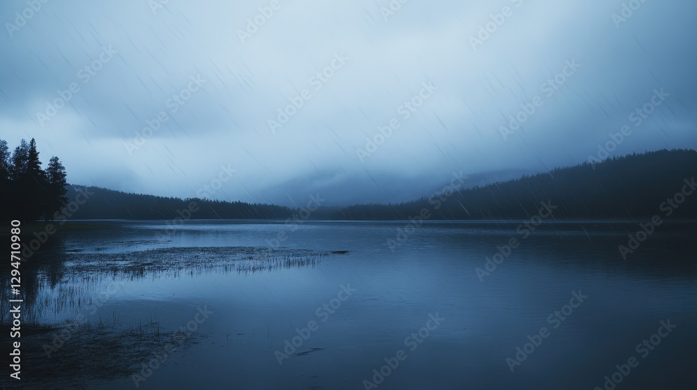 Fototapeta premium A serene landscape featuring a tranquil lake surrounded by misty mountains under a rainy sky, exuding calmness and solitude.
