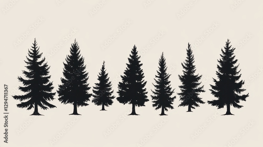 Fototapeta premium Silhouette of various coniferous trees against a pale background.